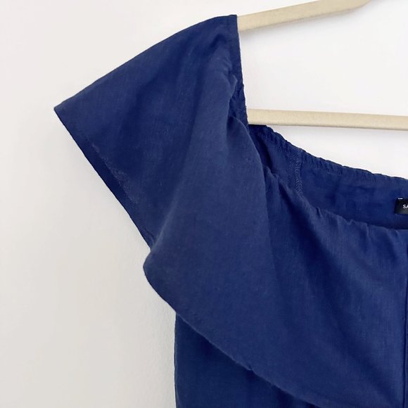 Saks Off the Shoulder Linen Dress Navy Button Down | 14 - Picture 4 of 7